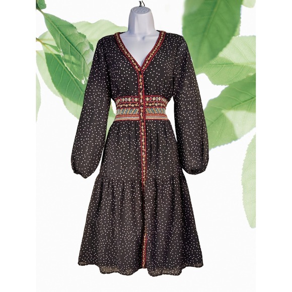 ANDREE BY UNIT Dresses & Skirts - André Sz S Winter Dress Black Polka Dot Embroidered Trim V Neck Tiered Midi